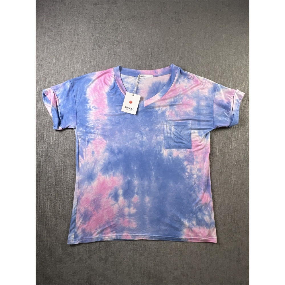 Miholl Top Women's L The Due VNeck Pocket T Shirt Rolled Hem Short Sleeve NWT
